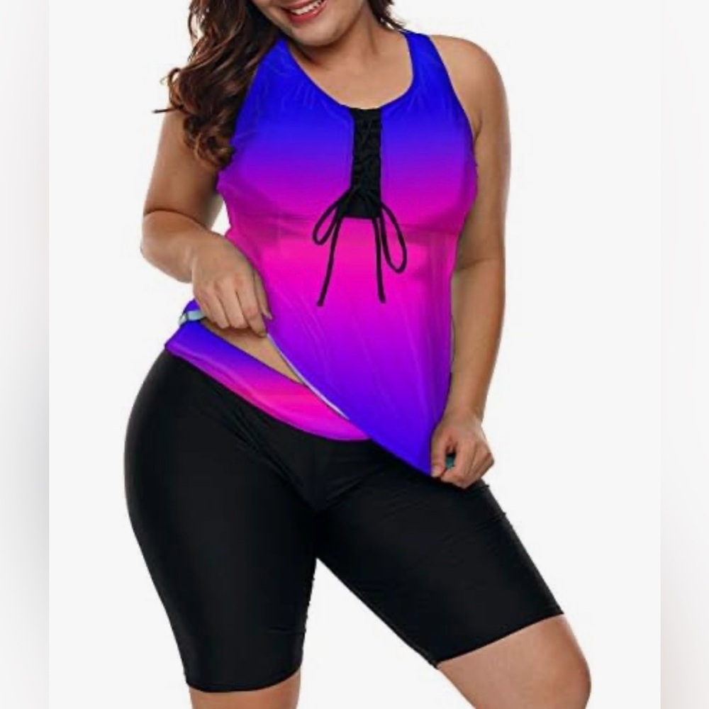 Plus Size Ombre Racerback Tankini Set in Pink and Blue